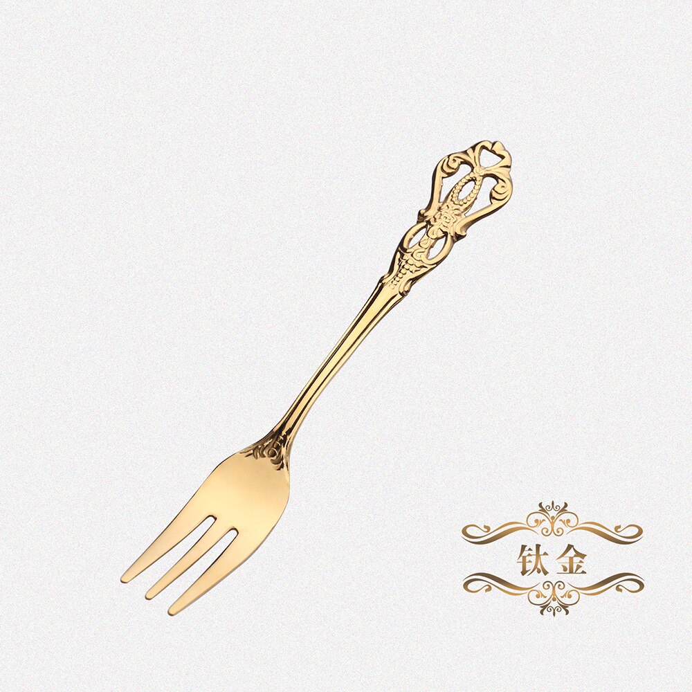 1 Pc European Royal Dessert Spoon Retro Hollow Cake Fruit Fork Embossed Craft Spoon Golden European Stainless Steel Coffee Spoon: Gold fork