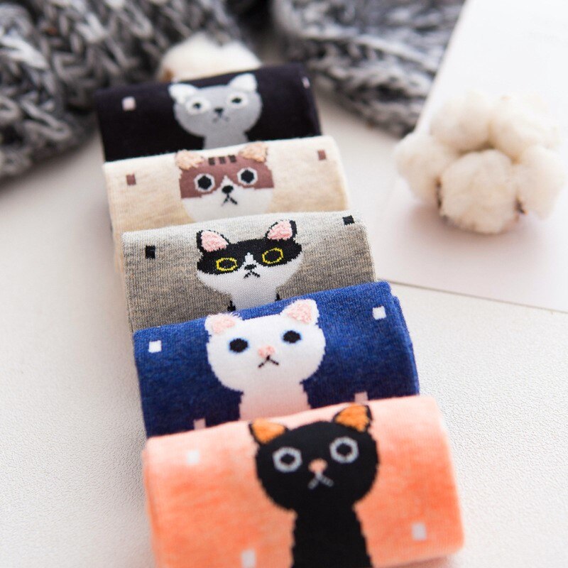 5Pairs Spring Summer Cartoon Cat Socks Cute Animal Women Socks Funny Ankle Socks Ladies Girls Cotton Invisible Socks