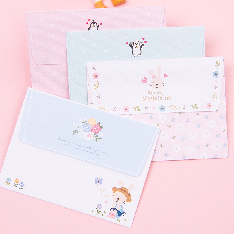Sobres de 4 hojas para juego de papel de carta, suministros de oficina, letras de carta de amor, flor, Animal bonito, escritura, letras de papel, sobre