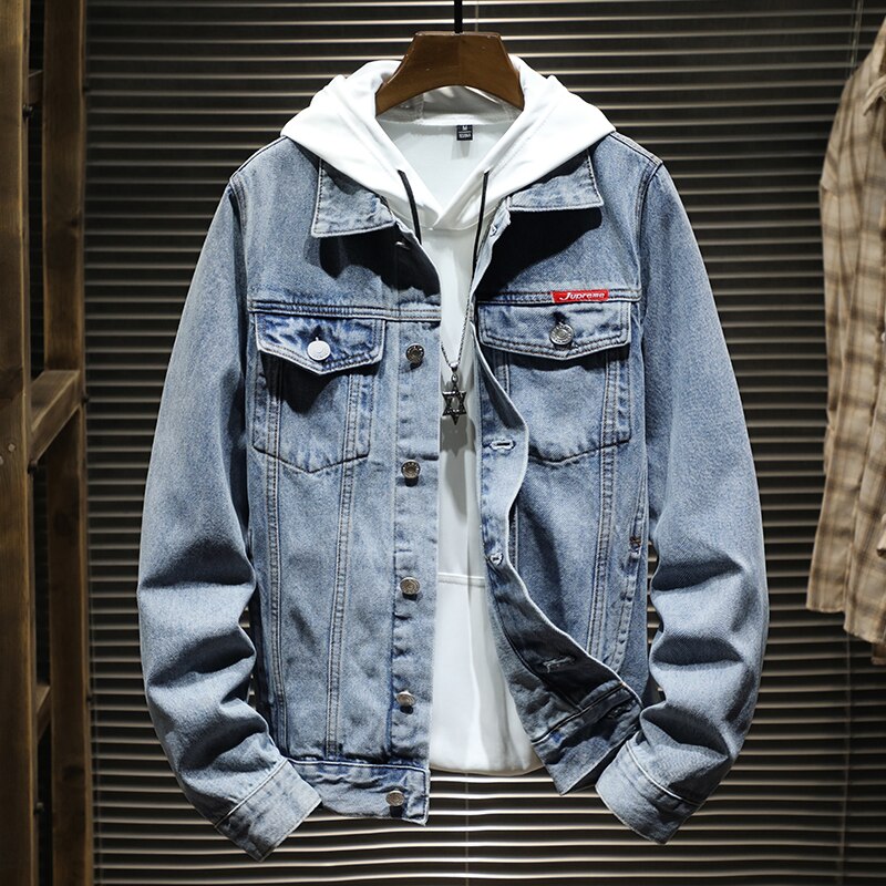 Winter denim jacket men's loose plus size denim tooling jacket: Blue / M