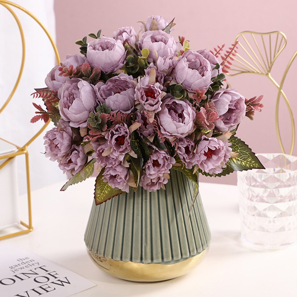 1 bukett kunstig mini peon blomster bukett 9 hoder peon blomster til hjemmet bord vise bryllup diy dekorasjon blomster