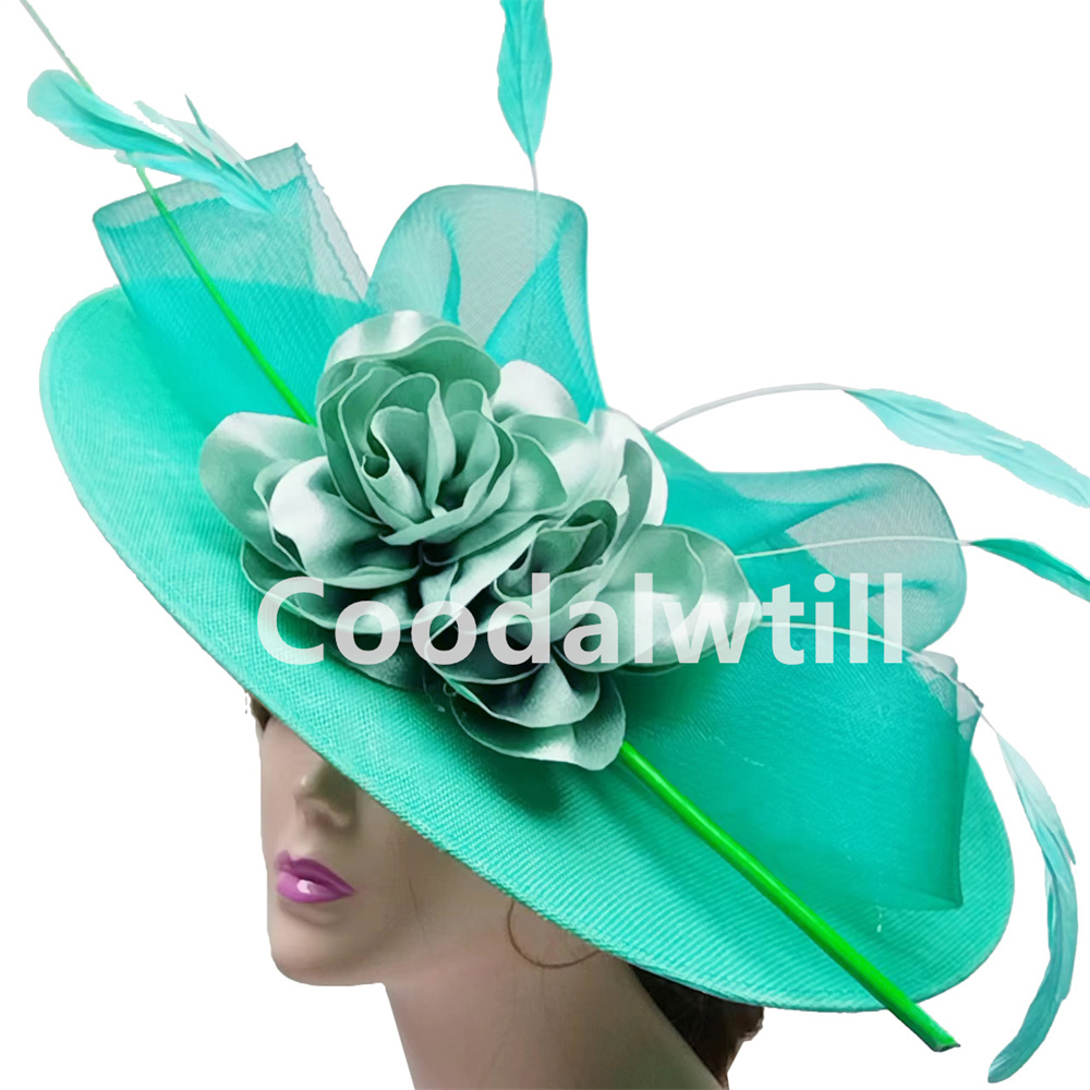 Grote Bloem Fascinators Hoed Hoofddeksel Vrouwen Kentucky Kerk Hoeden Dames Derby Veer Pillendoos Fascinator Hoeden: Turquoise