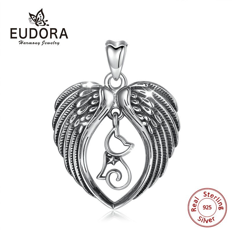 EUDORA 925 Sterling Silver Bella Gatto e di Angelo Dell&#39;ala Del Pendente Del Cuore Collana In Argento Sterling Gioielli Vintage Squisito Regalo CYD410: only pendant