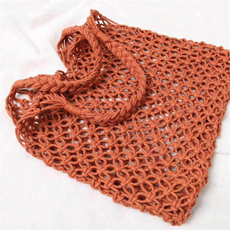 35X35Cm Mode Populaire Geweven Zak Mesh Touw Weven Tie Gesp Reticulate Hollow Strozak Geen Gevoerd Netto schoudertas: Brick red