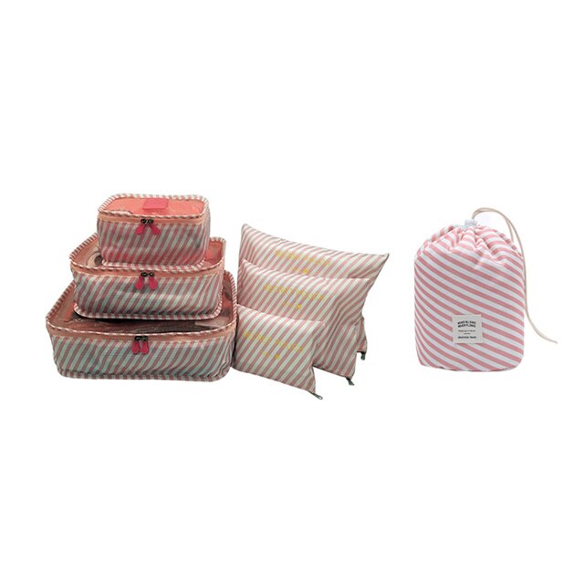 7 stks/set Mannen en Vrouwen Bagage Reistassen Verpakking Cubes Organizer Mode Dubbele Rits Waterdicht Polyester Zak: Pink stripe