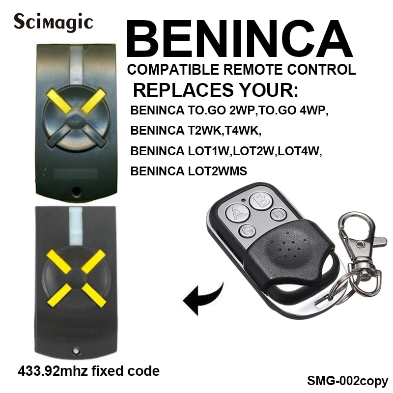 BENINCA T2WK T4WK TO.GO 2WK | TO.GO 4WK télécommande de porte de garage 433MHZ, commande de porte à code fixe clone, porte-clés de commande