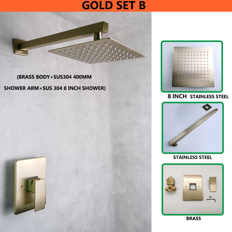 Overhead Shower Set Top Ultra Thin 8 Inch Shower Square Brushed Gold Set System Rain Waterfall 1 Function Swivel Shower Cold