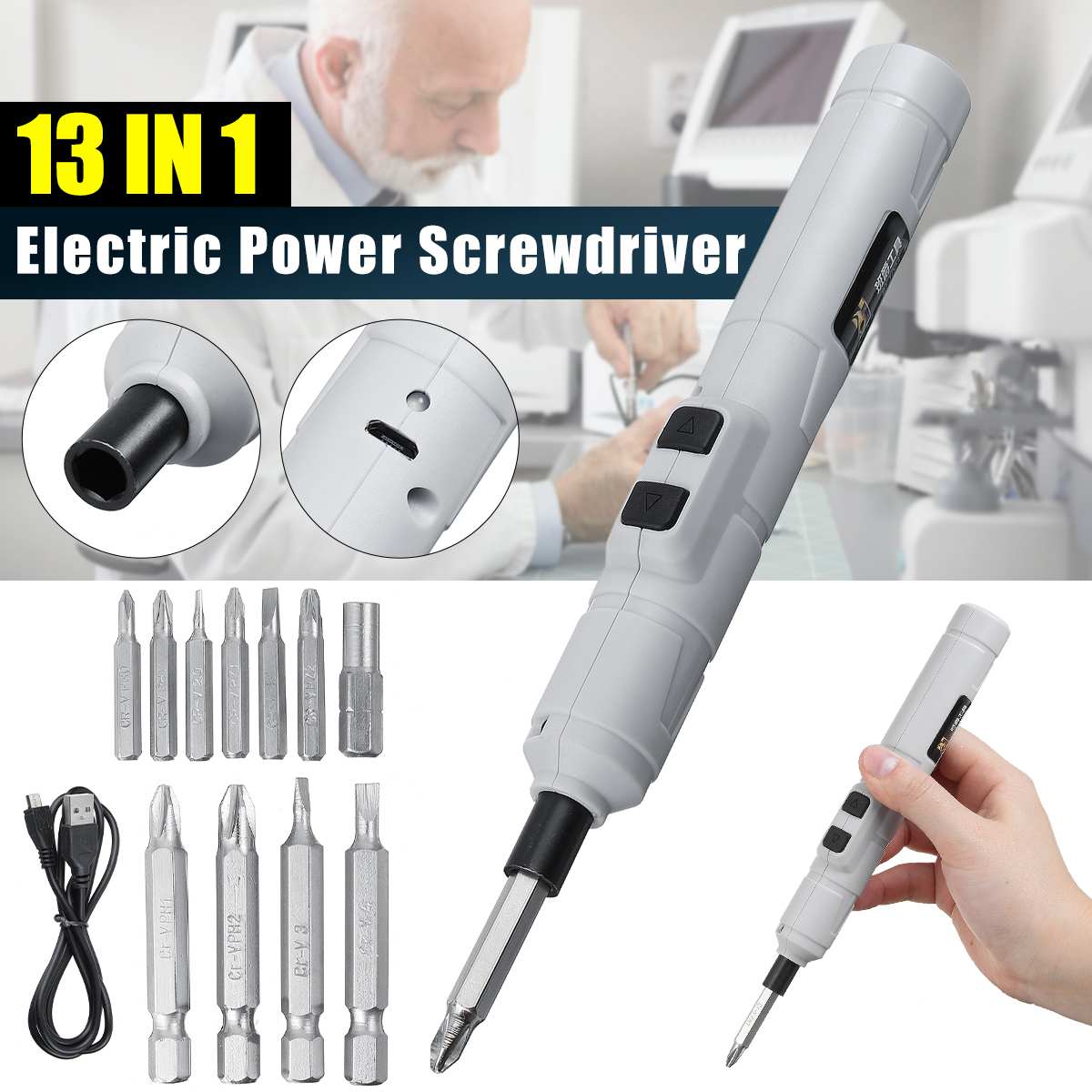 13PCS Multi Purpose Screwdriver Kit Impact Screwdriver Set Heavy Duty Shock Screw Driver Tools USB Charger+10pcs Screwdriver Bit