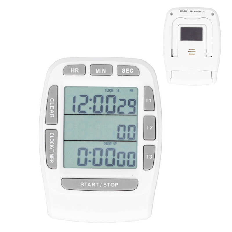 Triple minuterie horloge compte à rebours 4.0x4.4cm écran LCD multifonction blanc batterie intégrée