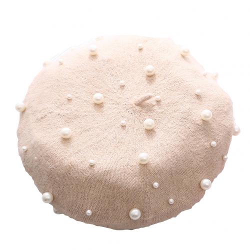 Béret en laine pour femme, couleur unie, automne-hiver, fausses perles, chaud, casquette de peintre, perles étoilées, rivets: Beige
