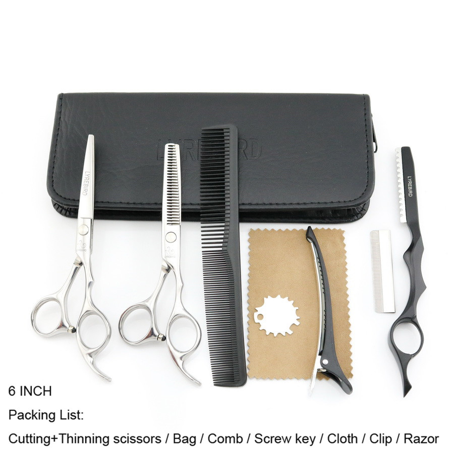Japan Hair Scissors set Silver 5.5 INCH 6 INCH Hairdressing scissors Hair Cutting scissors Very Sharp Lyrebird: Set razor 6INCH