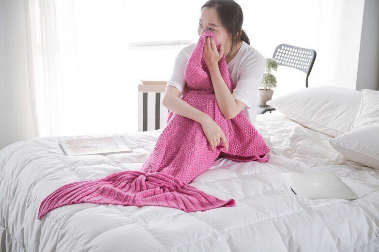 Manta de cola de sirena hilo de punto de ganchillo hecho a mano Memaid manta de los niños a la cama de Super sueño reparador cama: rose / 80x180cm