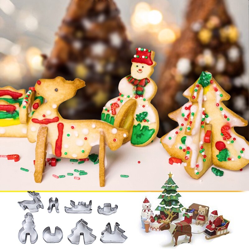 8 Stuks Cookie Stamp Biscuit Diy Mold Kerst 3D Cookie Cake Plunger Cutter Bakvorm Xmas Cookie Cutters Keuken bakken