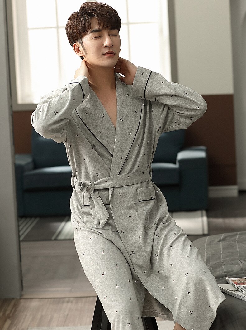 Spring Autumn Men Japanese Kimono Night-Robe 100% Cotton Casual Bathrobe Male Winter Long Sleeves V-shaped Collar Homewear