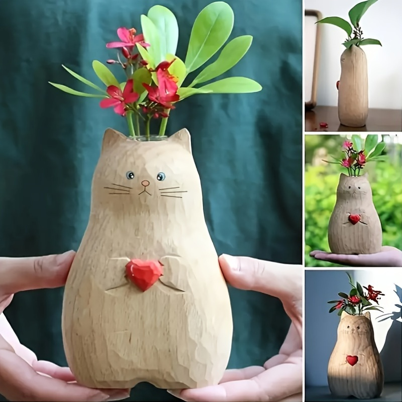 Handgemaakte Houten Kattenvaas Massief Hout Kattenbeeld Vaas Massief Hout Handgemaakte Kattendecoratie Vaas Aanwezig Voor Thuis Tafel Kantoordecor
