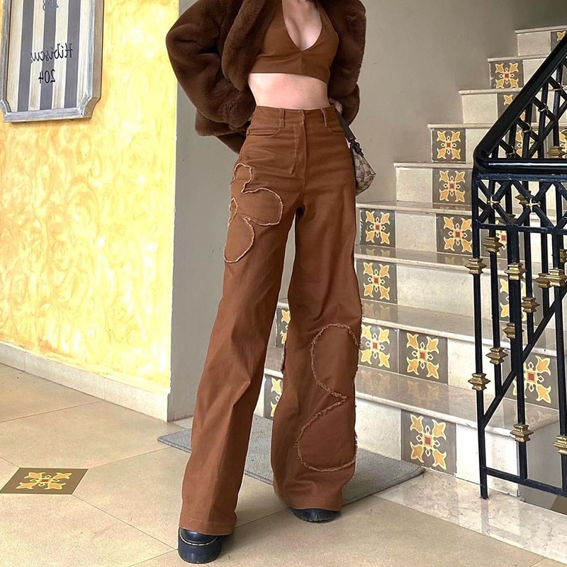 Rapcopter Brown Floral Jeans Y2K Retro Denim Pants Baggy Straight Cargo Pants Women Popular Trousers 90S Harajuku Joggers