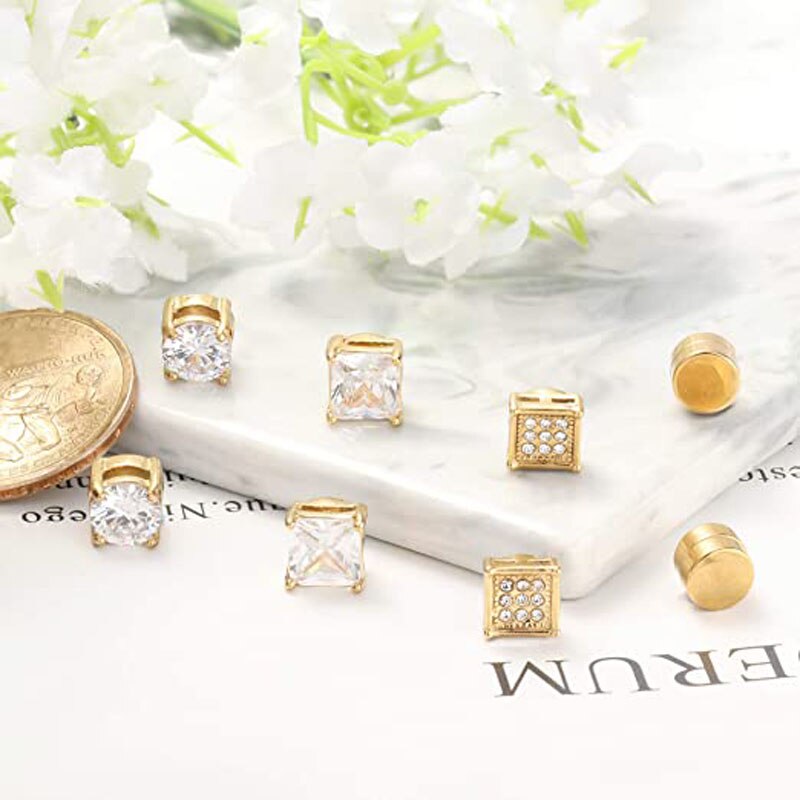 4 Pairs Van Rvs Magnetische Oorbellen Voor Mannen En Vrouwen Gold Cz Niet-Geperforeerde Clip Oorbellen Set 8mm