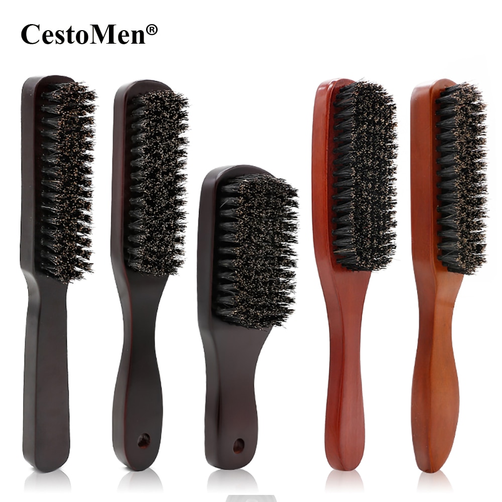 Cestomen massivt træ 100%  orne barberkost skæg massage sort ornebørste hår børste buet træ mænd skæg overskæg børster