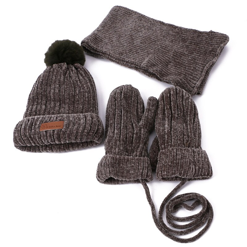 Tredelt hatte tørklæde handsker sæt børn hat vinter varm vante pompon strikket hat med foring efterår ensfarvet beanies sæt: Brun