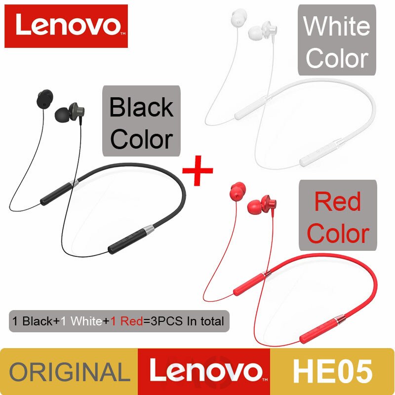 Original Lenovo HE05 Bluetooth 5.0 Wireless Magnetic Neckband Running Sports Earphone Earplug with Waterproof Noise Canceling: HE05 1Whit 1Bla 1Red