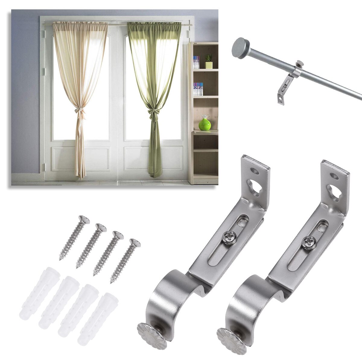 3pcs One Pair Roman Style Curtain Rod Iron Single Brackets 19-22mm Extendable Curtain Rod Holder (Silver)