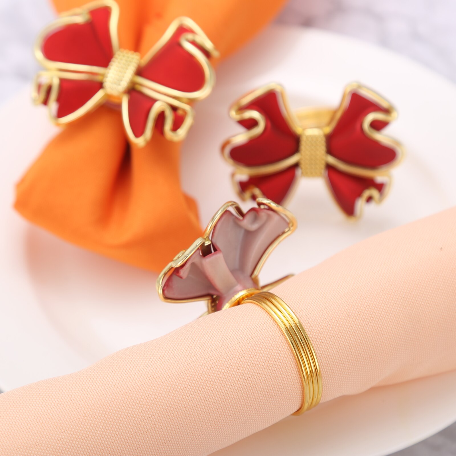 Servilletero con forma de lazo rojo de , anillo de acrílico con hebilla para boda, ceremonia, , decoración para el hogar, 6/12 piezas