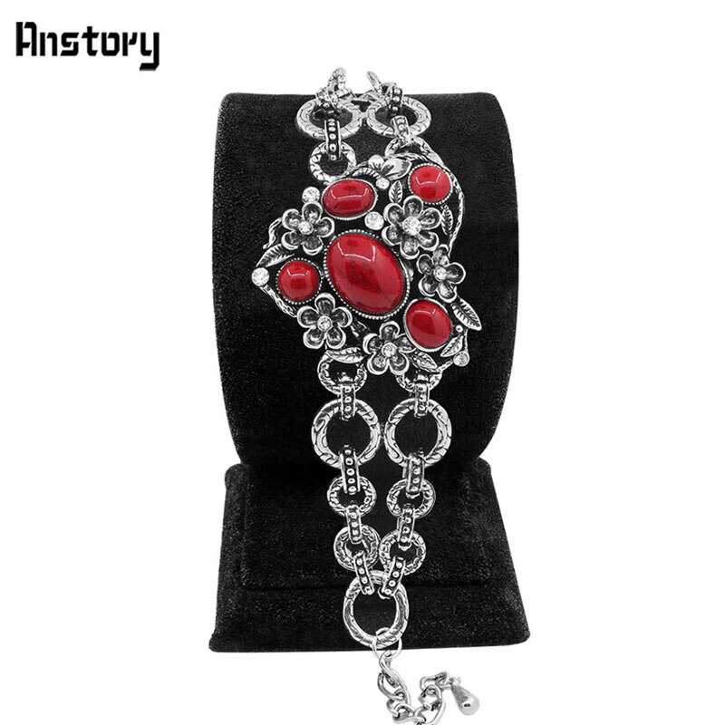 Holle Bloem Hartvorm Blauw Rode Steen Armband Voor Vrouwen Antieke Verzilverd Lock Mode-sieraden TB170: Red