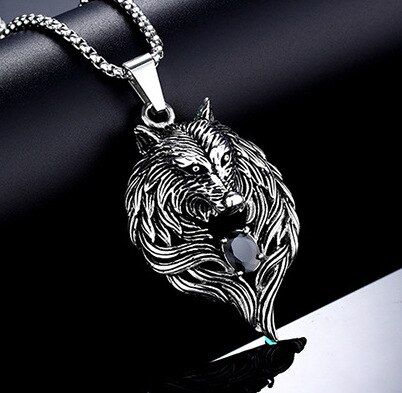 Domineering Pendant Party Accessories Wolf Head Titanium Steel Chain Men&#39;s Wolf Tooth Necklace: black