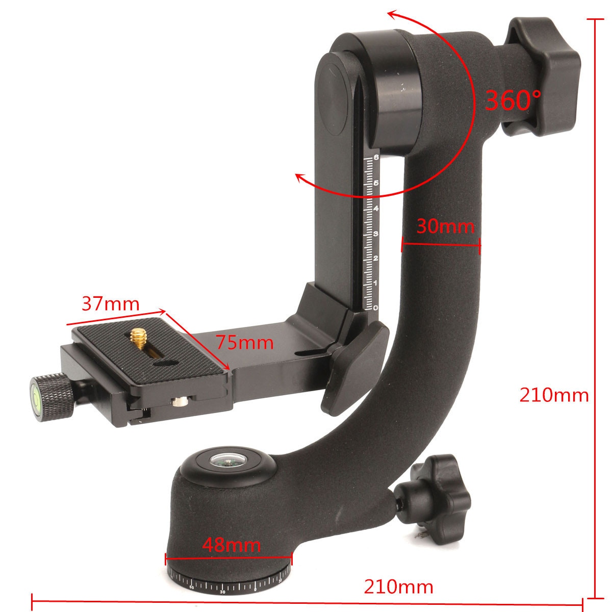 Cardán panorámica giratorio de 360 grados, rótula de bola de trípode, aleación de aluminio negro para cámara, lente teleobjetivo 210x75x210mm Carga 18kg