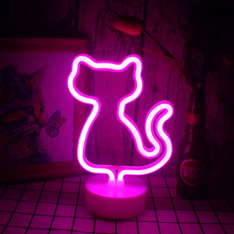 Wanxing Led Neon Sign Light Pink Cat Shaped Kawaii Room Decoration USB/Battery Supply Neon Lamp With Base For Shop Xmas