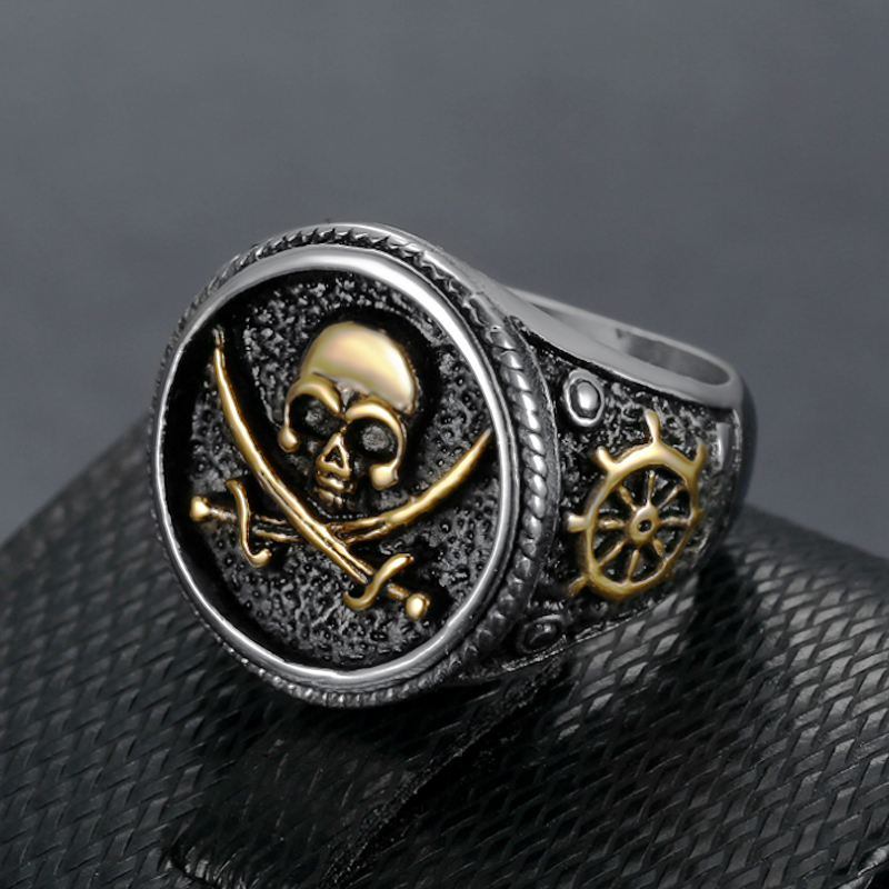Vintage Men's Pirate Signet Double Knife Skull Ring Golden/Silver Color Stainless Steel Compass Goth Punk Ring