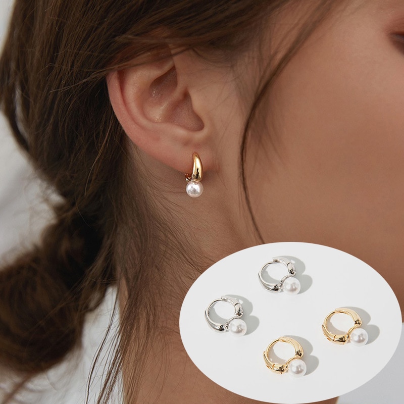 Pendientes de aro pequeños con perlas para mujer, aretes pequeños minimalistas, Color dorado, 2022