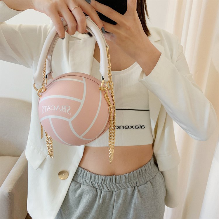 Pu leren volleybalvormige handtassen en portemonnees voor vrouwen, schoudertas met ketting en crossbody, handtassen voor meisjes en dames: Roze