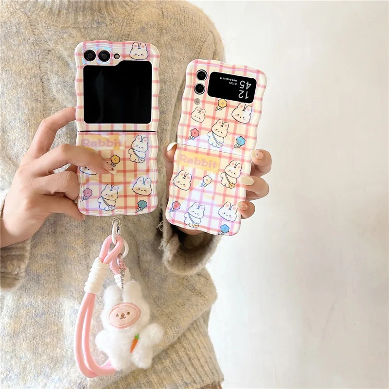 Voor Samsung Galaxy Z Flip 3 4 5 Telefoon Hoesje Cartoon Konijn Handband Golvende Rand Schokbestendige Hoes Voor Samsung Z Flip3 Flip4 Zflip5