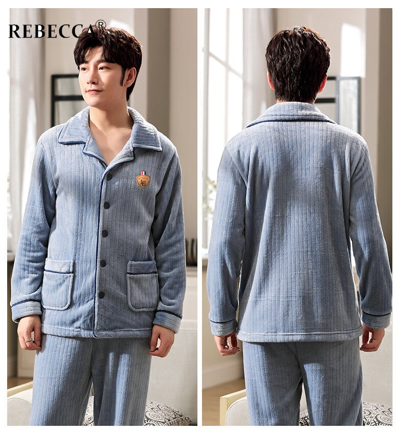 Autumn Winter Coral Fleece Warm Two-piece Pajamas Set Men Long Sleeve Lapel Buttons Night Homewear Pyjamas XXXL