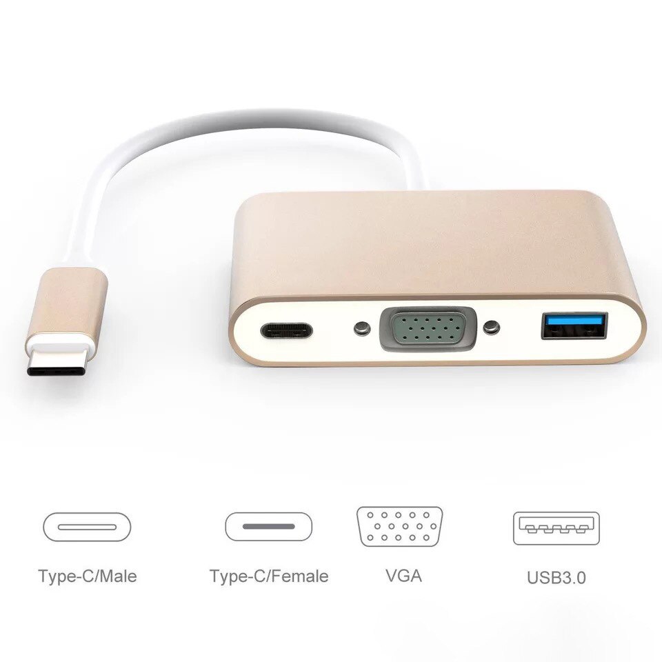 Adaptador tipo C 3 en 1, concentrador VGA para teléfono, Mac, portátil, PC, conector USB 3,0 tipo C, estación de acoplamiento de aleación de aluminio: Gold