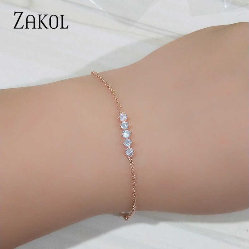 ZAKOL Round Micro Mosaic Cubic Zirconia Rose Gold Color Tennis Bracelet Jewelry Crystal FSBP2043