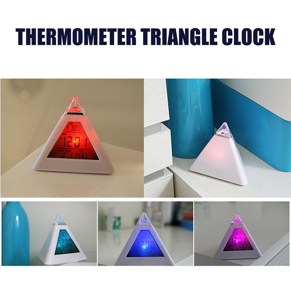 Pyramid Digital Clock Temperature Clock 7 Colors LED Change Backlight LED Alarm Clock Time Date Display