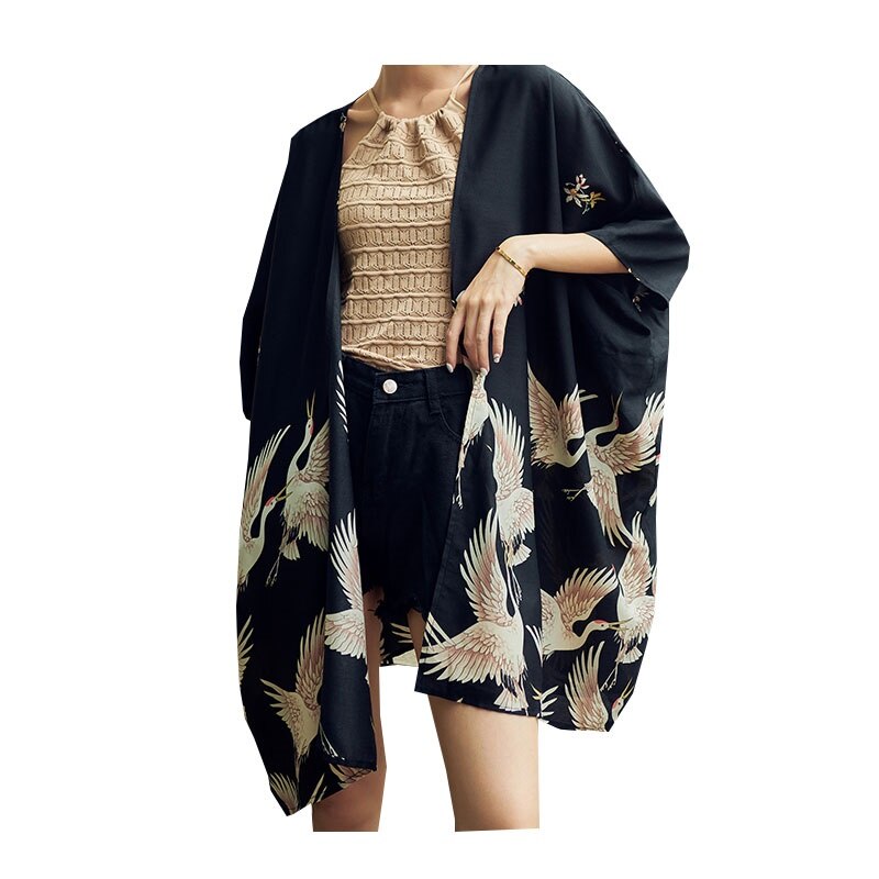Japansk kimono dam yukata kvinnor japan krantryck kimono cardigan asien solskyddsskjorta unisex haori kimono topp  ff2302: Default Title