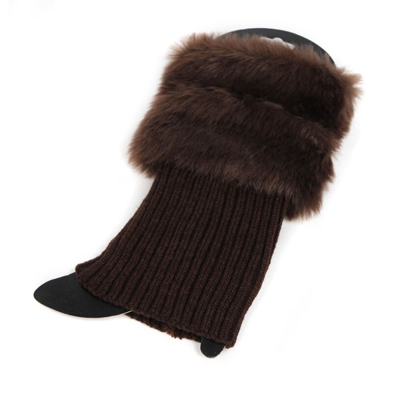 Women Winter Leg Warmers Lady Crochet Knit Fur Trim Leg Boot Socks Toppers Cuffs: Coffee