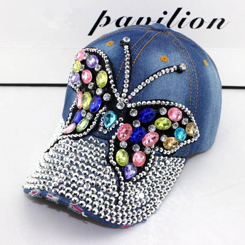 fall Baseball Cap Vrouwen Volledige Crystal Kleurrijke Grote Vlinder Hoed Denim Bling Strass Snapback Caps Pet Zomer hoeden