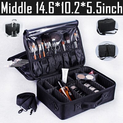 Make Up Box Cosmetics Pouch Bags Beauty Clapboard Case Women Cosmetic Bag Travel Insert Makeup Bag: Black M 3 Layers
