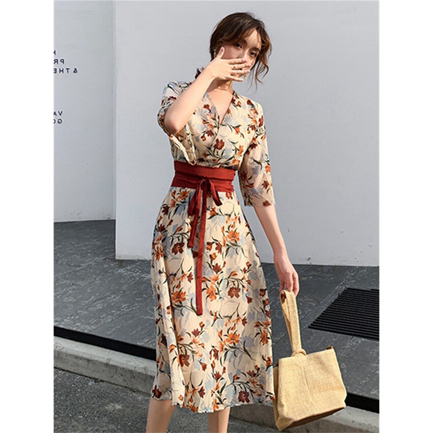 Vestido de estilo japonés con estampado de flores para mujer, ropa de calle femenina, estilo informal, Retro, Harajuku, Yukata, Obi