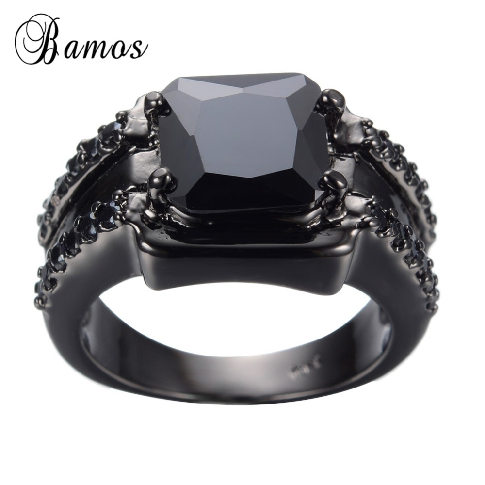 Bamos Gorgeous Male Black Ring Big Geometric Black Gold Filled Retro Party Wedding Rings For Men Father's Day