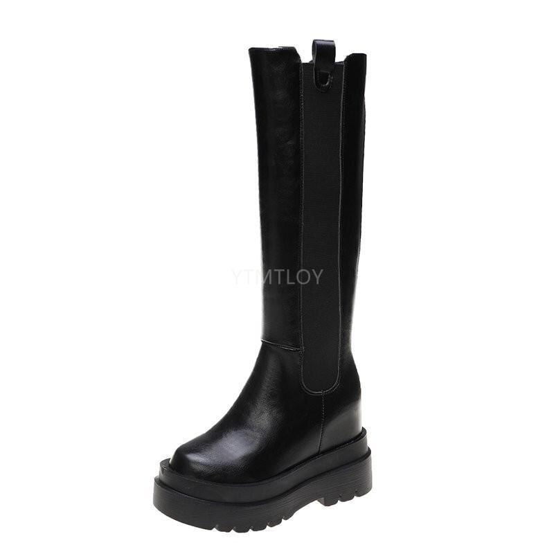 Platform kvinder lange støvler læder afslappet lynlås støvler chunky hæl knæhøje botas mujer dame chaussure femme: Sort / 34