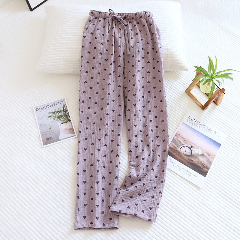 Pantalones de pijama 100% de algodón para el hogar, ropa de dormir suelta, informal, con estampado de amor: Purple love / XL(65-75kg)