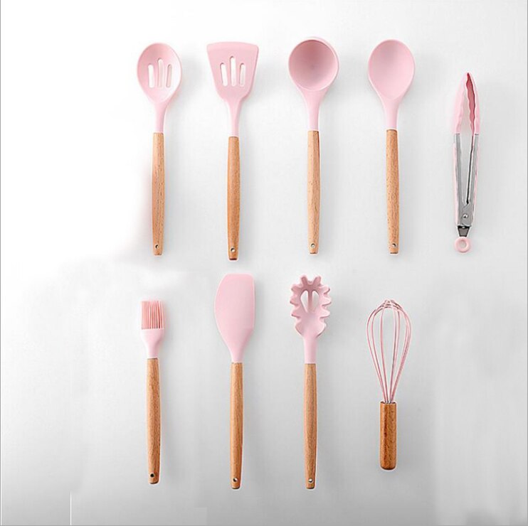 12pcs Kitchen Utensil Set Silicone Cooking Tools Household Wooden Koken Gereedschap Met Opbergdoos Turner Tang Spatel Turner: pink 9PCS