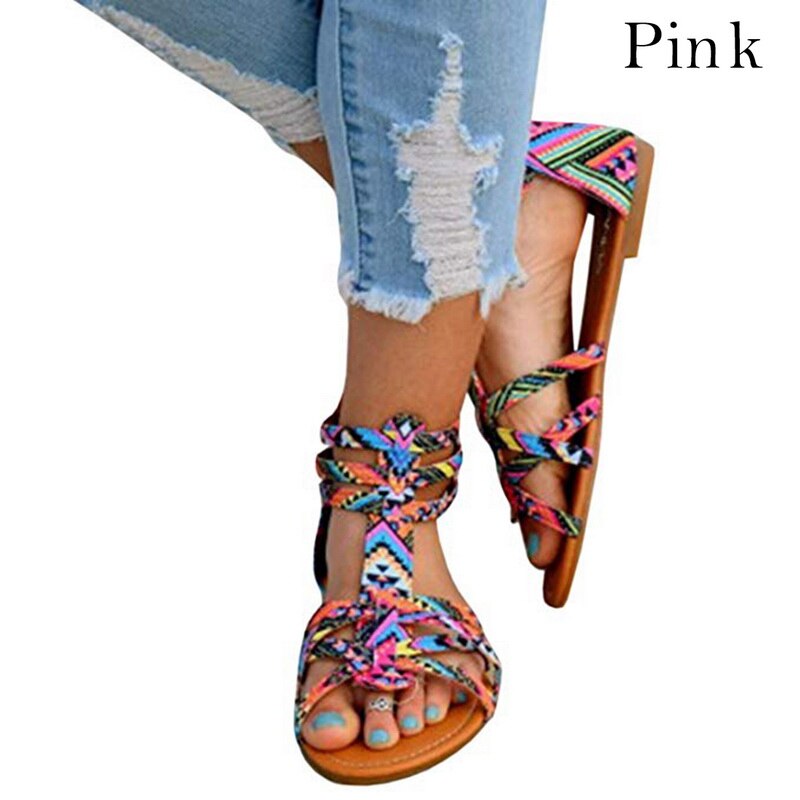 Bohème femme plage chaussures plates sandales à la imprimé mujer coloré femme plage sandales décontracté grande taille chaussures en plein air: Rose / 43