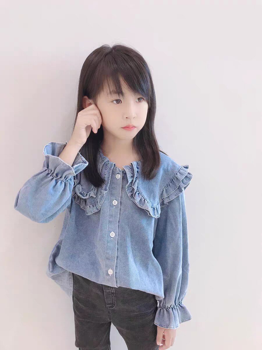 Top per ragazze adolescenti camicie di cotone Denim con collo arricciato per 6 8 10 12 anni camicetta per bambini blu primavera per bambini