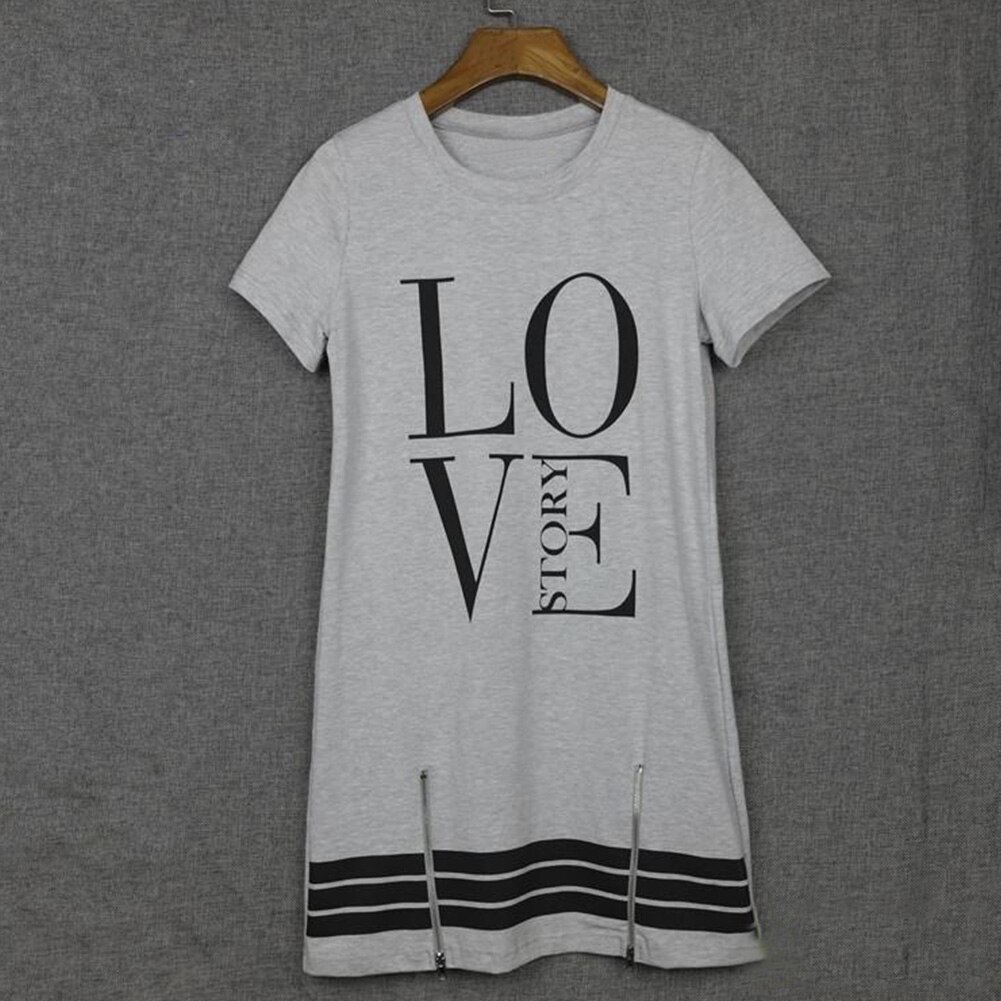Vrouwen Lange T-shirt Een Stuk Casual Dress Sport Rits Brief Liefde Gedrukt: Grijs / M